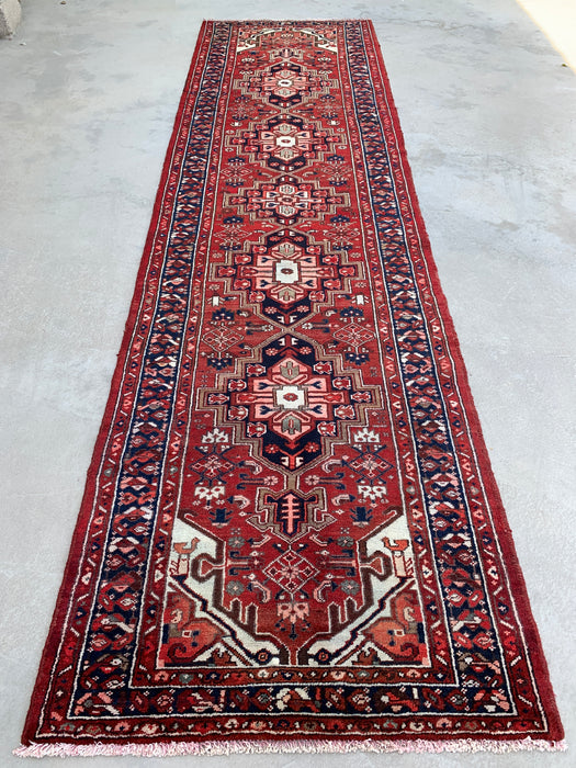 12'7 x 3'6 Hand-Knotted Persian Wool Runner - Red Geometric Tribal Medallion Design - KBHM-860