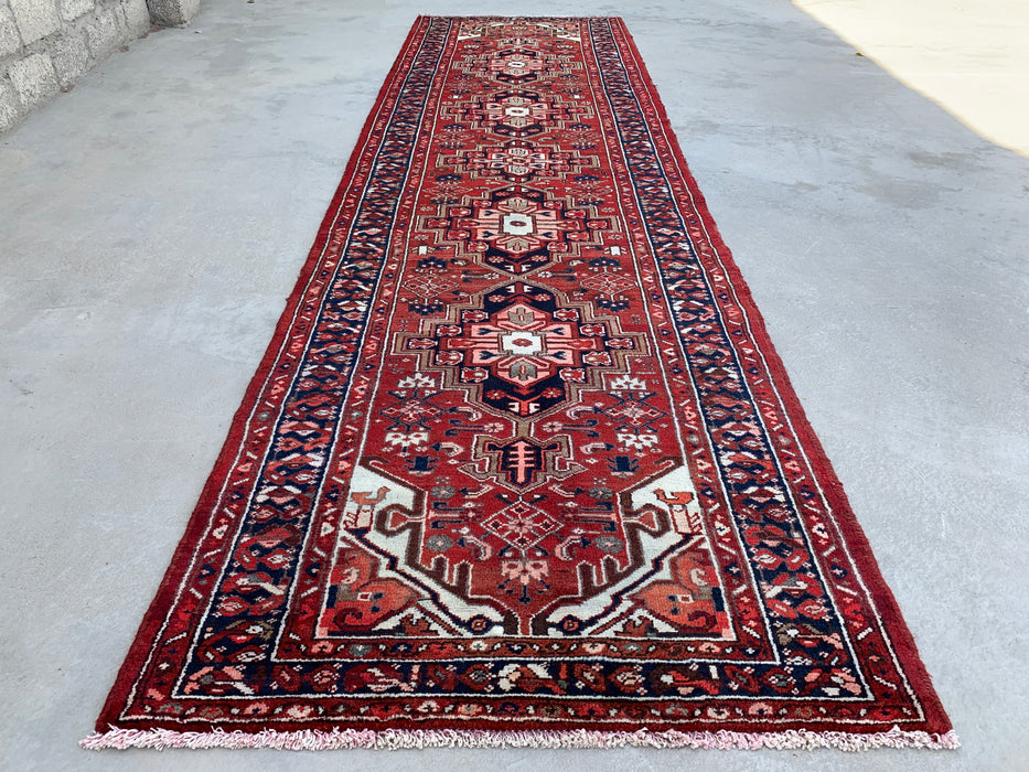 12'7 x 3'6 Hand-Knotted Persian Wool Runner - Red Geometric Tribal Medallion Design - KBHM-860