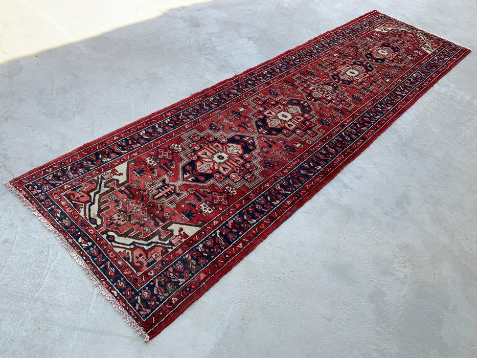 12'7 x 3'6 Hand-Knotted Persian Wool Runner - Red Geometric Tribal Medallion Design - KBHM-860