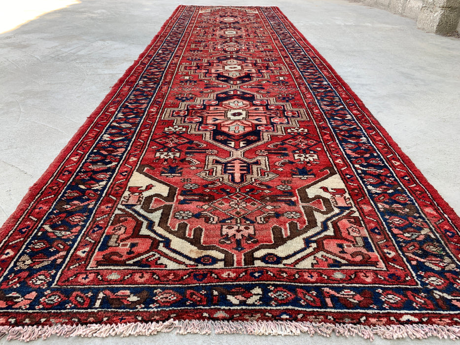 12'7 x 3'6 Hand-Knotted Persian Wool Runner - Red Geometric Tribal Medallion Design - KBHM-860