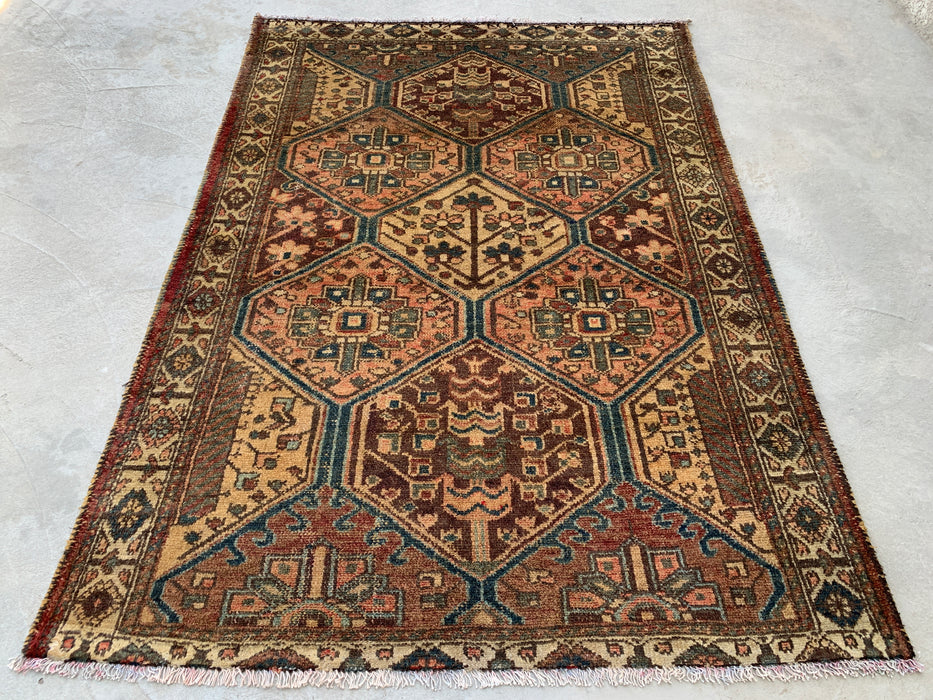 6'1 x 4'5 Hand-Knotted Persian Wool Rug - Beige Tribal Hexagon Design with Brown & Blue Accents - KBHM-861