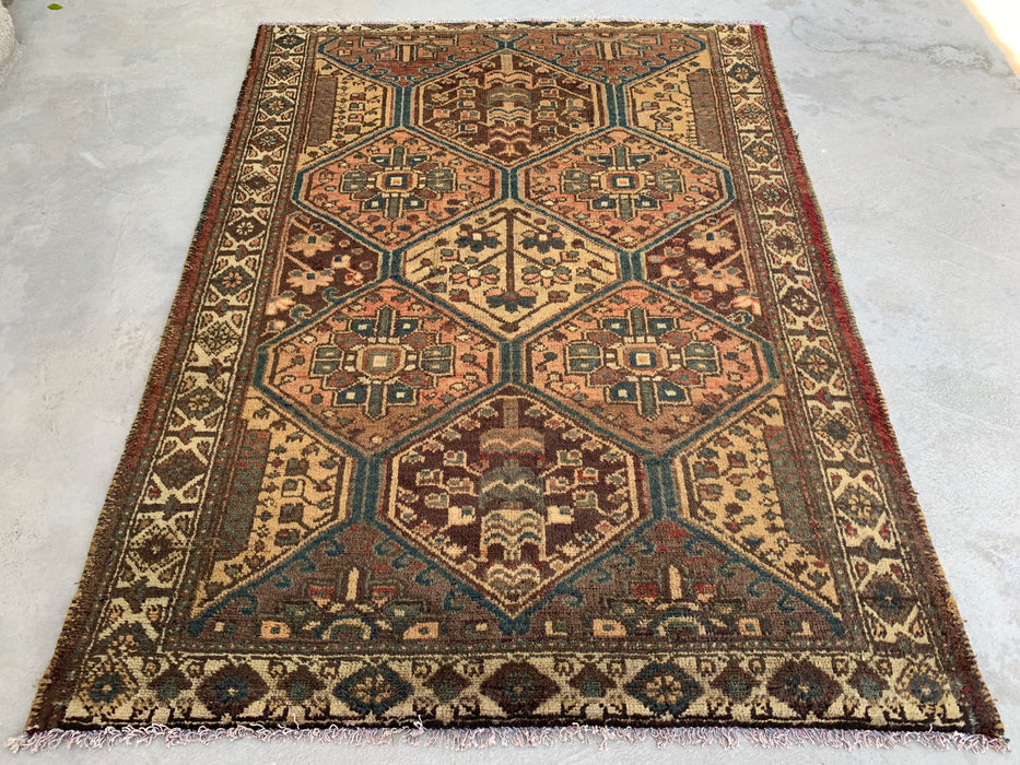 6'1 x 4'5 Hand-Knotted Persian Wool Rug - Beige Tribal Hexagon Design with Brown & Blue Accents - KBHM-861