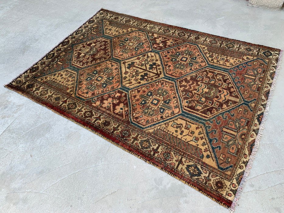 6'1 x 4'5 Hand-Knotted Persian Wool Rug - Beige Tribal Hexagon Design with Brown & Blue Accents - KBHM-861
