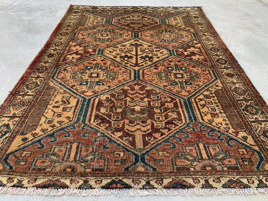 6'1 x 4'5 Hand-Knotted Persian Wool Rug - Beige Tribal Hexagon Design with Brown & Blue Accents - KBHM-861