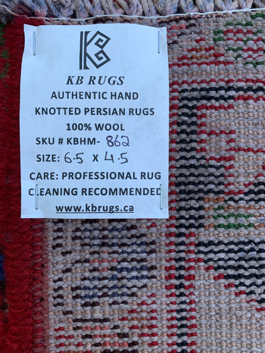 6'5 x 4'5 Hand-Knotted Persian Wool Rug - Red Floral Medallion Design with Black Border - KBHM-862