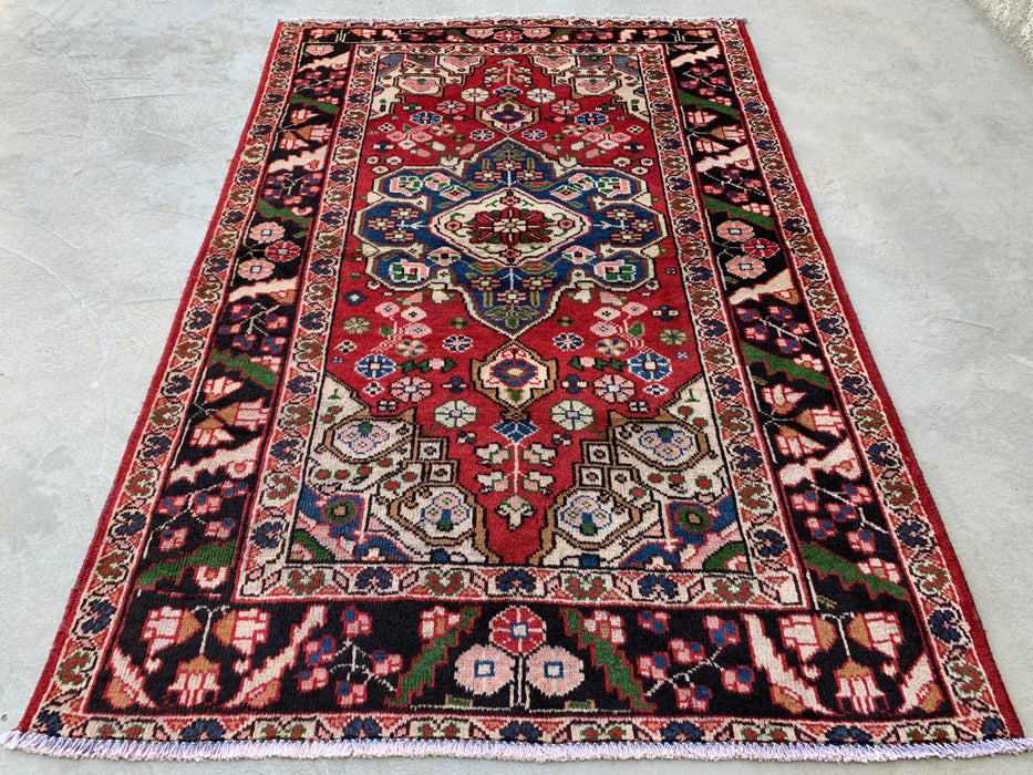 6'5 x 4'5 Hand-Knotted Persian Wool Rug - Red Floral Medallion Design with Black Border - KBHM-862