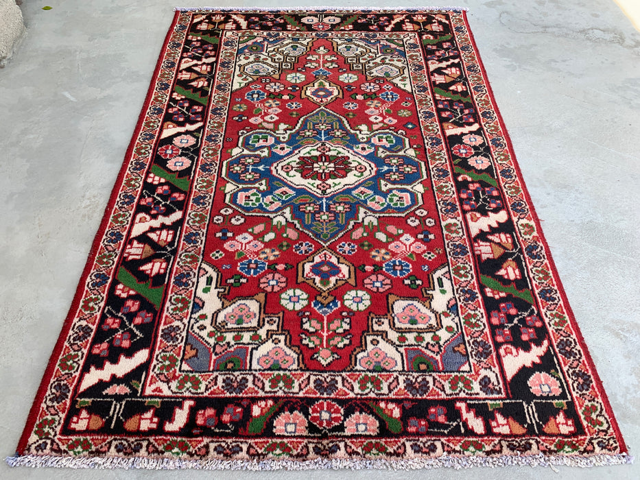 6'5 x 4'5 Hand-Knotted Persian Wool Rug - Red Floral Medallion Design with Black Border - KBHM-862
