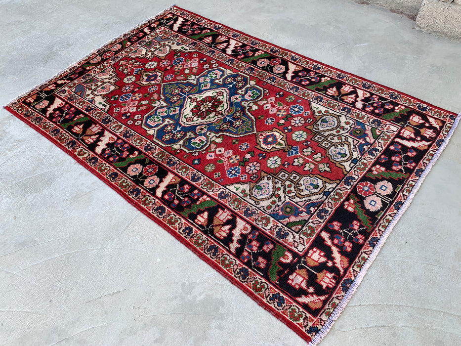 6'5 x 4'5 Hand-Knotted Persian Wool Rug - Red Floral Medallion Design with Black Border - KBHM-862