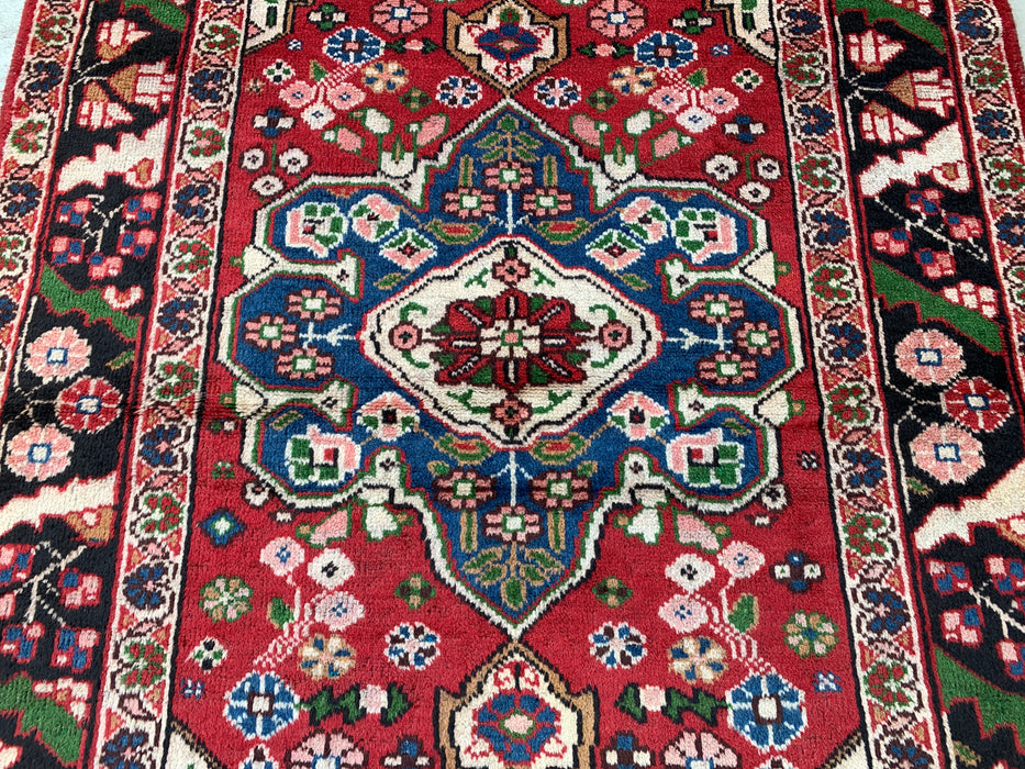 6'5 x 4'5 Hand-Knotted Persian Wool Rug - Red Floral Medallion Design with Black Border - KBHM-862