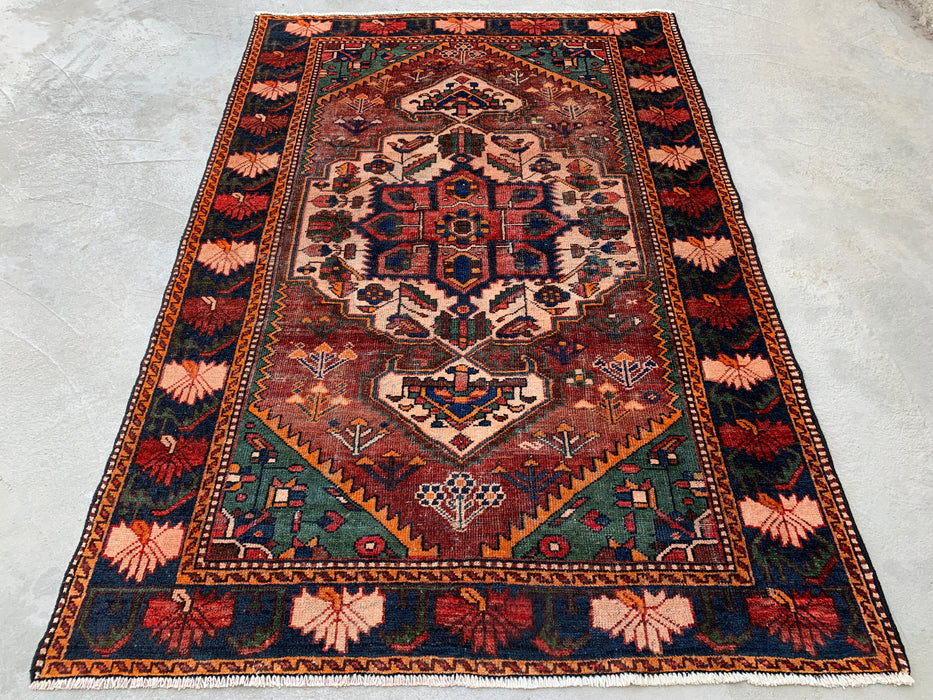 6'8 x 4'6 Hand-Knotted Persian Wool Rug - Brown Tribal Medallion Design with Green & Navy Border - KBHM-863
