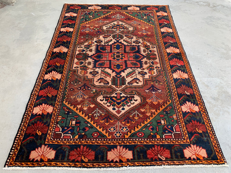 6'8 x 4'6 Hand-Knotted Persian Wool Rug - Brown Tribal Medallion Design with Green & Navy Border - KBHM-863