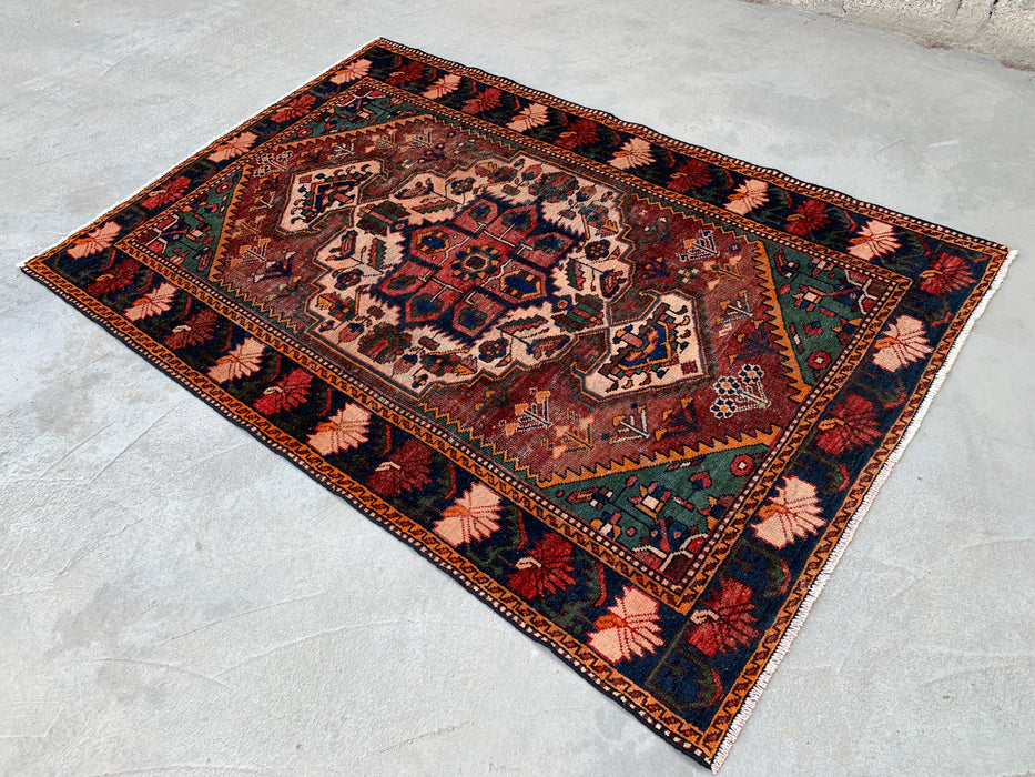 6'8 x 4'6 Hand-Knotted Persian Wool Rug - Brown Tribal Medallion Design with Green & Navy Border - KBHM-863