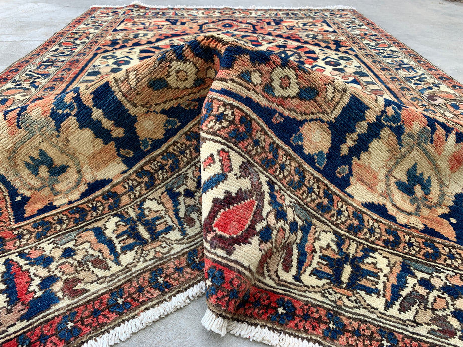 6'10 x 4'8 Hand-Knotted Persian Wool Rug - Ivory Floral Medallion Design with Navy Accents - KBHM-864