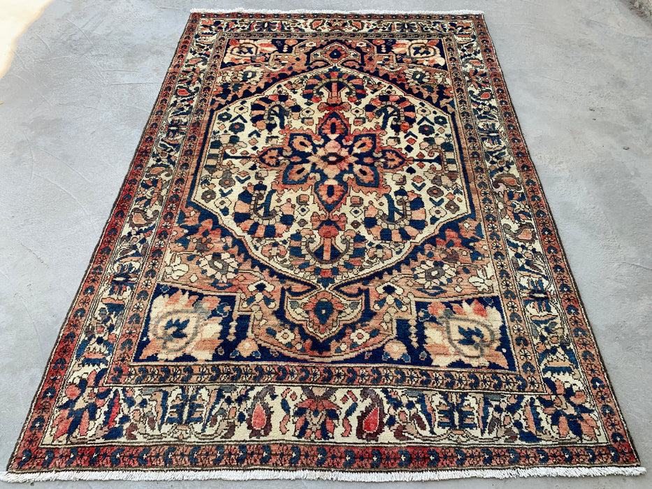 6'10 x 4'8 Hand-Knotted Persian Wool Rug - Ivory Floral Medallion Design with Navy Accents - KBHM-864