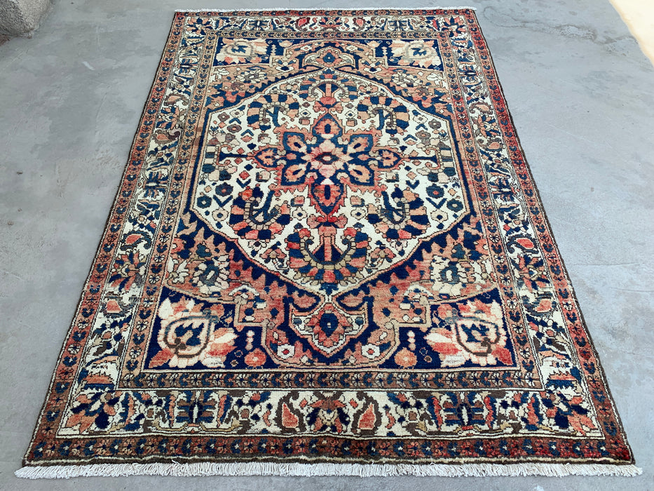 6'10 x 4'8 Hand-Knotted Persian Wool Rug - Ivory Floral Medallion Design with Navy Accents - KBHM-864