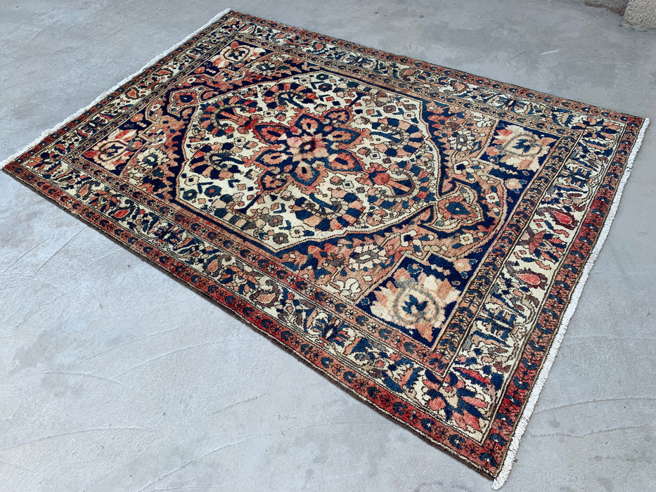 6'10 x 4'8 Hand-Knotted Persian Wool Rug - Ivory Floral Medallion Design with Navy Accents - KBHM-864