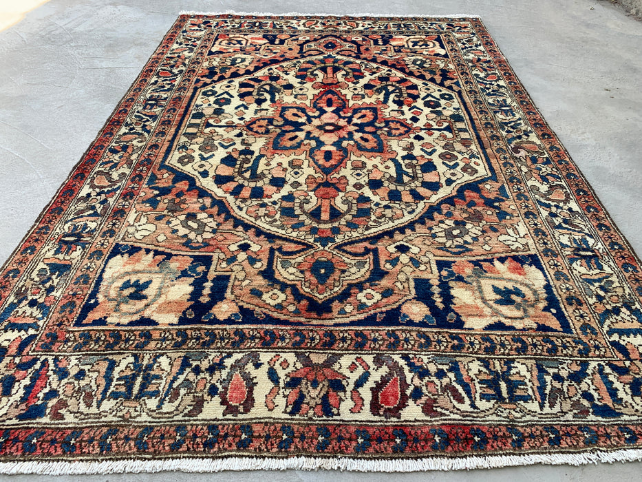 6'10 x 4'8 Hand-Knotted Persian Wool Rug - Ivory Floral Medallion Design with Navy Accents - KBHM-864