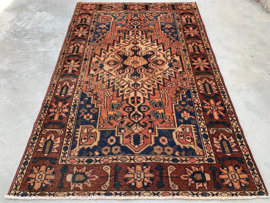7'1 x 4'7 Hand-Knotted Persian Wool Rug - Brown Geometric Medallion Design with Navy Accents - KBHM-865