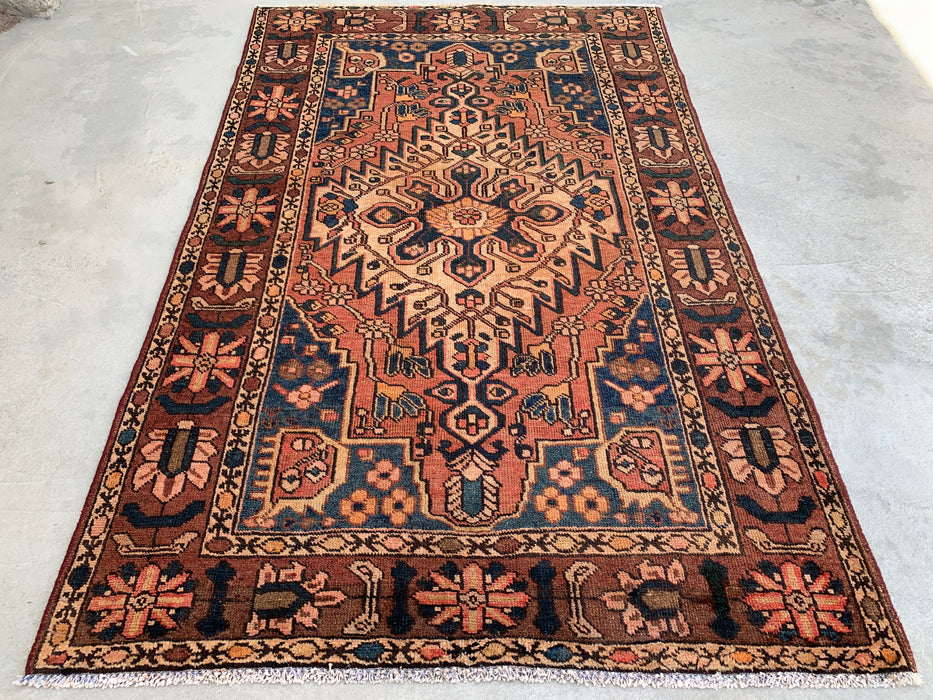 7'1 x 4'7 Hand-Knotted Persian Wool Rug - Brown Geometric Medallion Design with Navy Accents - KBHM-865