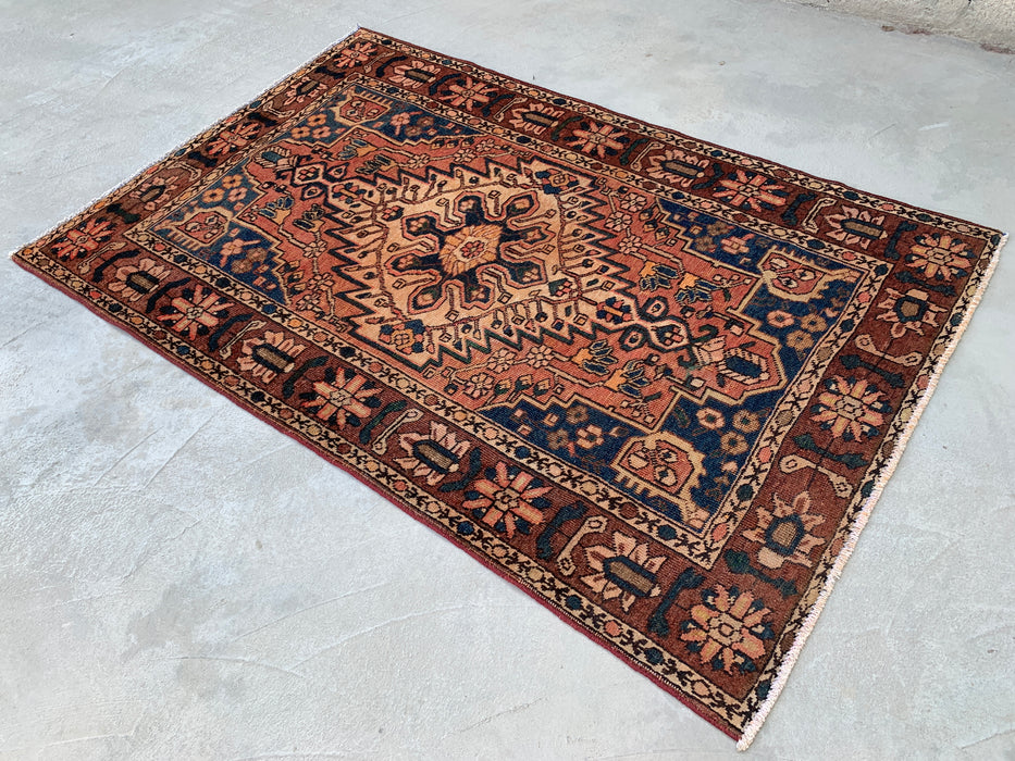 7'1 x 4'7 Hand-Knotted Persian Wool Rug - Brown Geometric Medallion Design with Navy Accents - KBHM-865