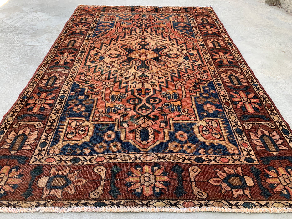 7'1 x 4'7 Hand-Knotted Persian Wool Rug - Brown Geometric Medallion Design with Navy Accents - KBHM-865