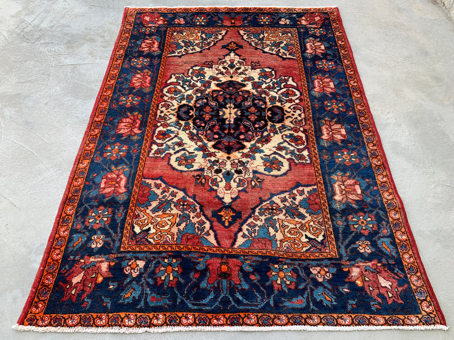 6'7 x 4'7 Hand-Knotted Persian Wool Rug - Rose Floral Medallion Design with Navy Border - KBHM-866