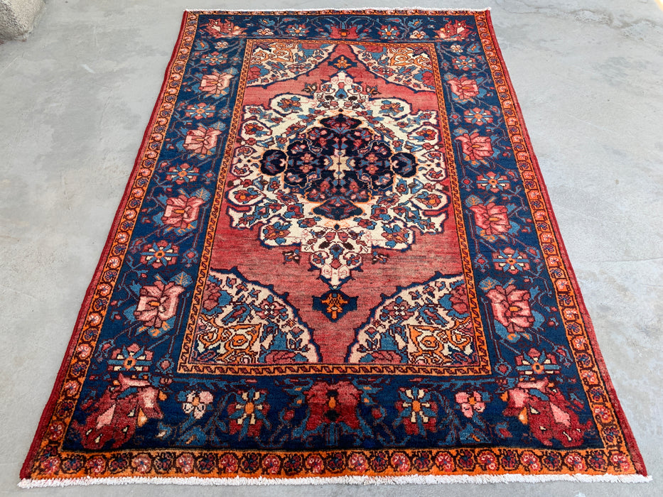 6'7 x 4'7 Hand-Knotted Persian Wool Rug - Rose Floral Medallion Design with Navy Border - KBHM-866