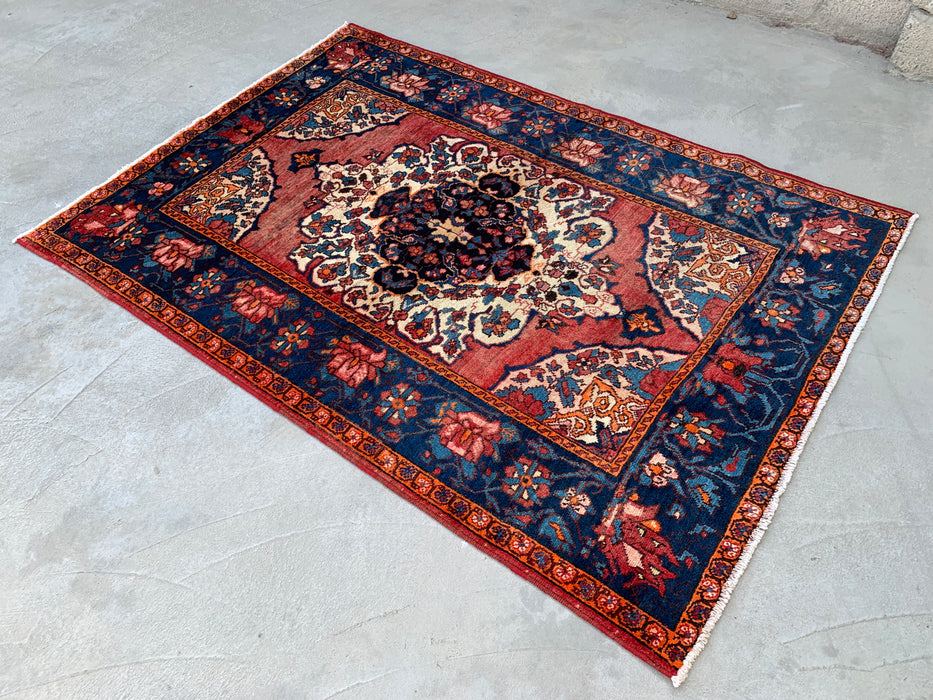 6'7 x 4'7 Hand-Knotted Persian Wool Rug - Rose Floral Medallion Design with Navy Border - KBHM-866
