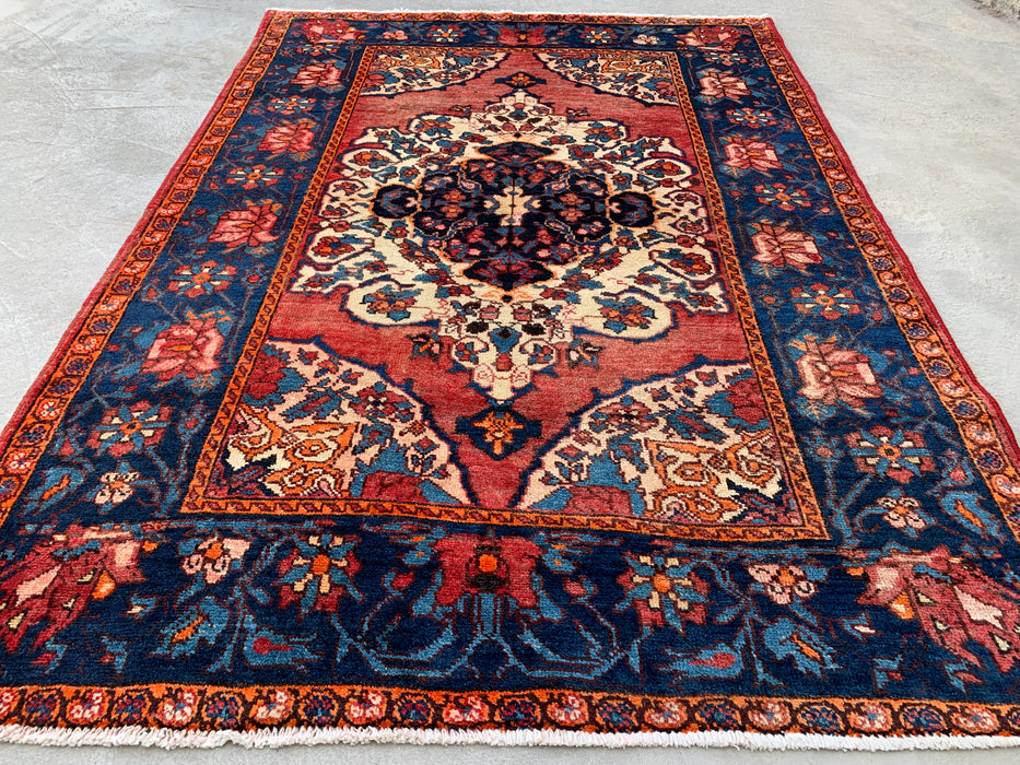 6'7 x 4'7 Hand-Knotted Persian Wool Rug - Rose Floral Medallion Design with Navy Border - KBHM-866