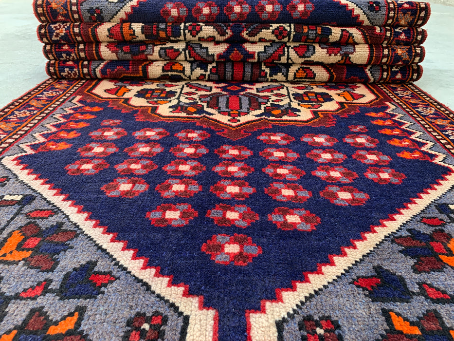 9'11 x 3'5 Hand-Knotted Persian Wool Runner - Navy Tribal Medallion Design with Ivory Accents - KBHM-868
