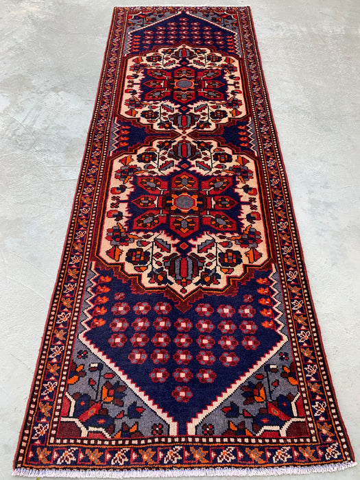 9'11 x 3'5 Hand-Knotted Persian Wool Runner - Navy Tribal Medallion Design with Ivory Accents - KBHM-868