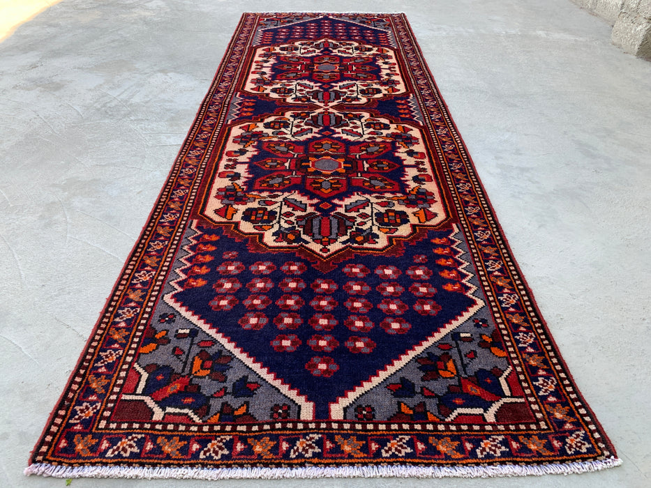 9'11 x 3'5 Hand-Knotted Persian Wool Runner - Navy Tribal Medallion Design with Ivory Accents - KBHM-868