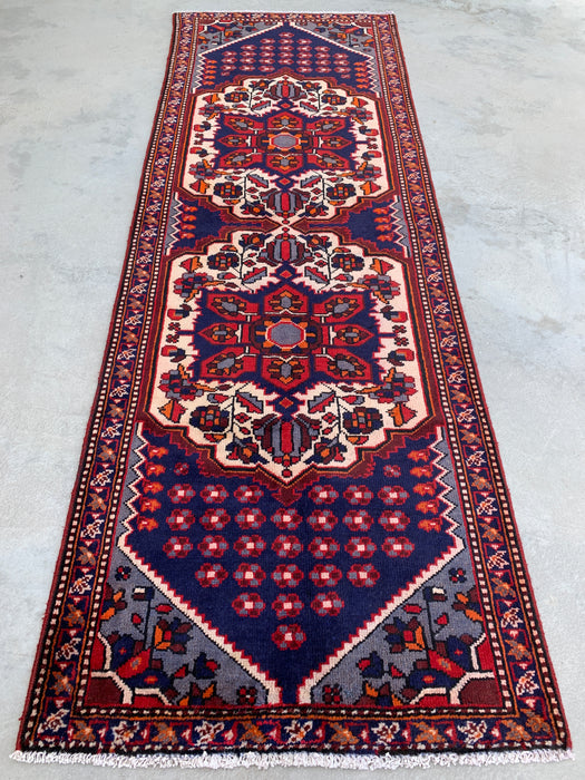 9'11 x 3'5 Hand-Knotted Persian Wool Runner - Navy Tribal Medallion Design with Ivory Accents - KBHM-868