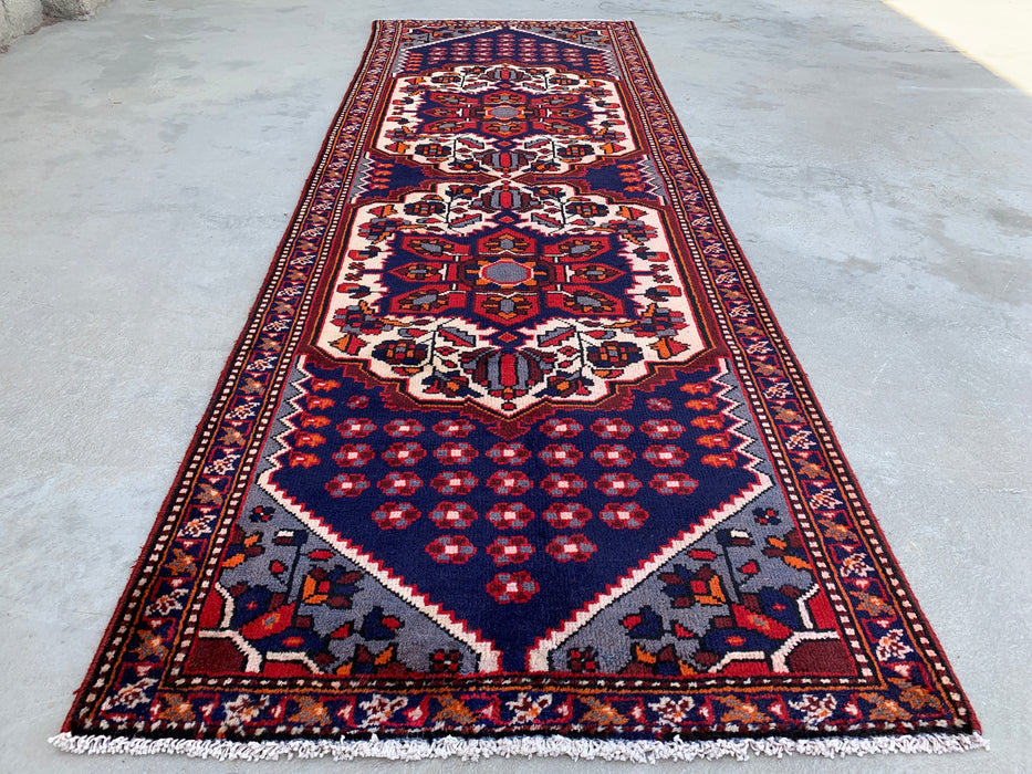 9'11 x 3'5 Hand-Knotted Persian Wool Runner - Navy Tribal Medallion Design with Ivory Accents - KBHM-868