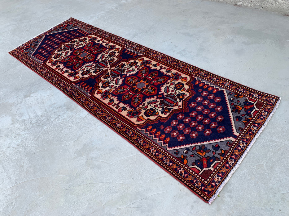 9'11 x 3'5 Hand-Knotted Persian Wool Runner - Navy Tribal Medallion Design with Ivory Accents - KBHM-868