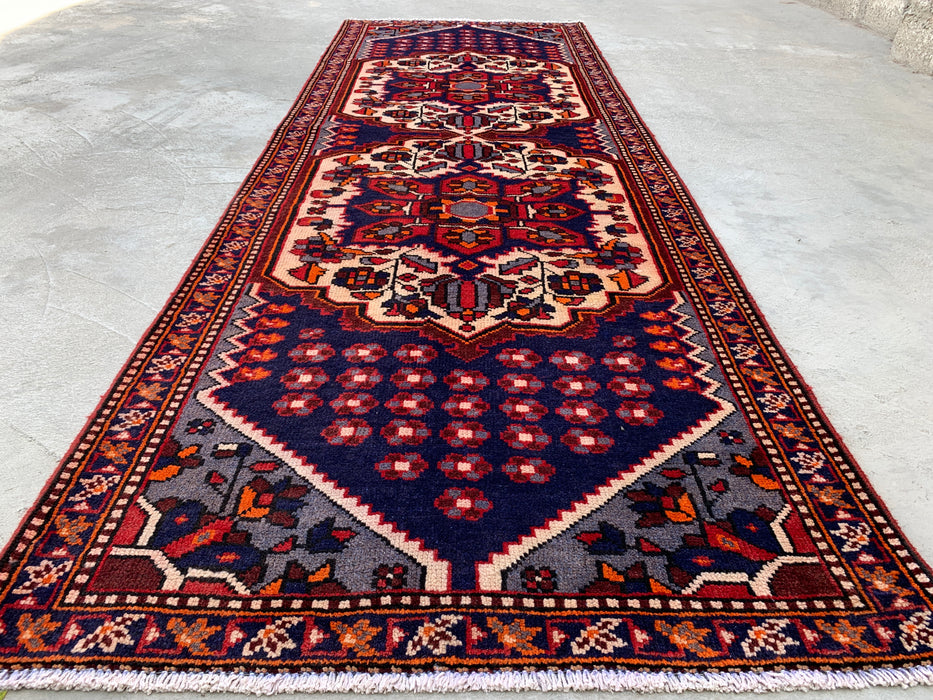9'11 x 3'5 Hand-Knotted Persian Wool Runner - Navy Tribal Medallion Design with Ivory Accents - KBHM-868