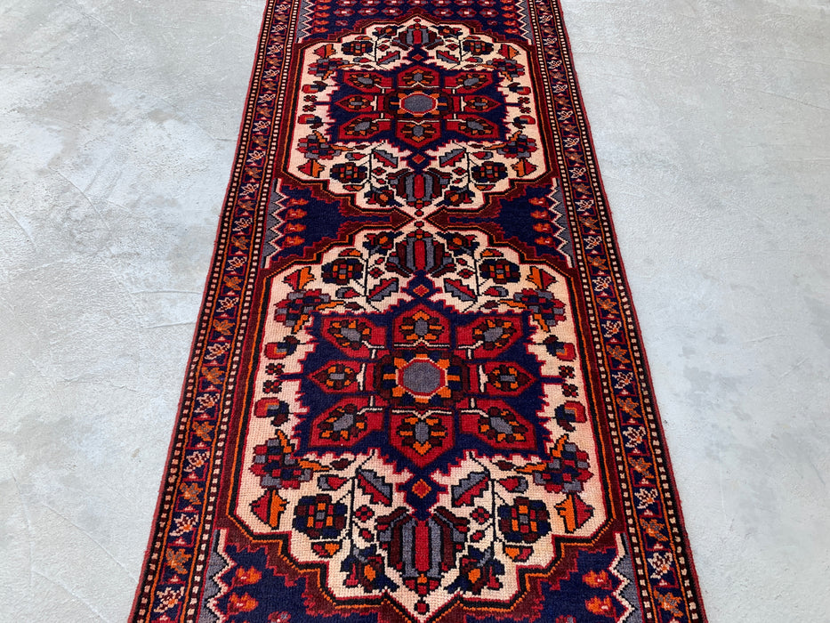 9'11 x 3'5 Hand-Knotted Persian Wool Runner - Navy Tribal Medallion Design with Ivory Accents - KBHM-868