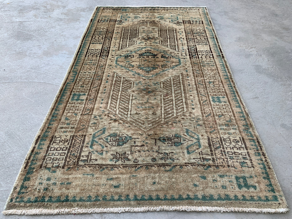 5'6 x 3'6 Hand-Knotted Persian Wool Rug - Beige Vintage Tribal Design with Soft Blue Accents - KBHM-869