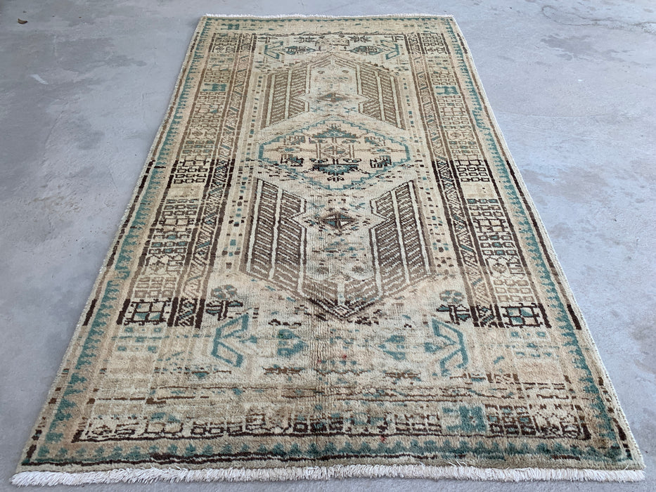 5'6 x 3'6 Hand-Knotted Persian Wool Rug - Beige Vintage Tribal Design with Soft Blue Accents - KBHM-869