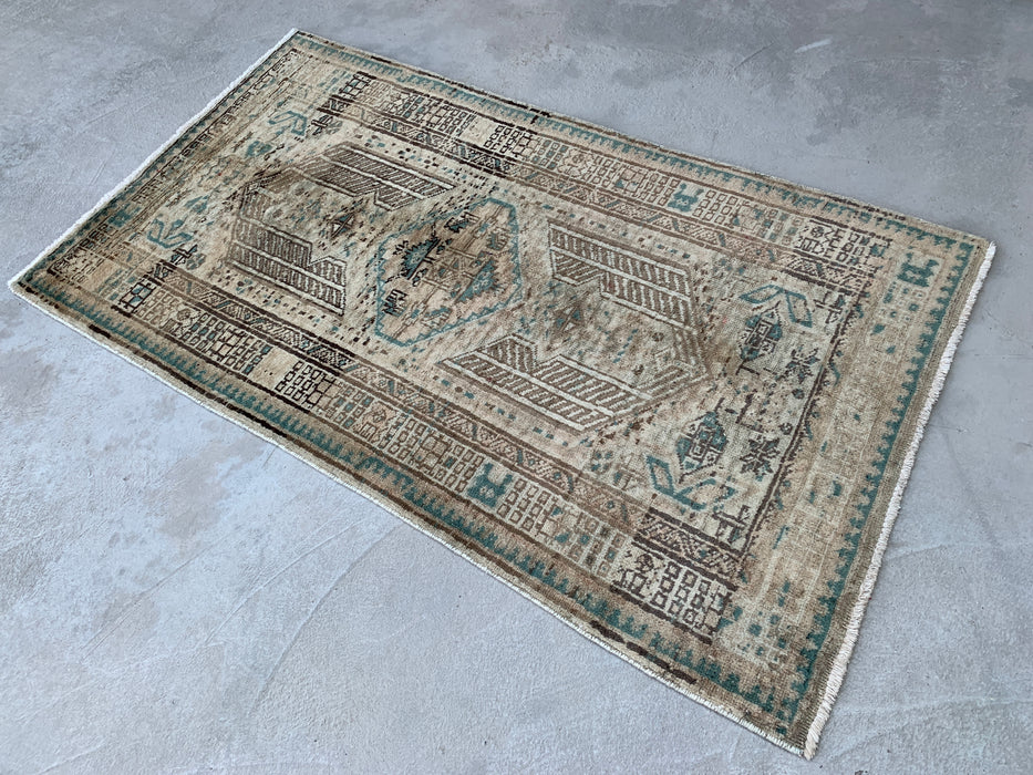 5'6 x 3'6 Hand-Knotted Persian Wool Rug - Beige Vintage Tribal Design with Soft Blue Accents - KBHM-869