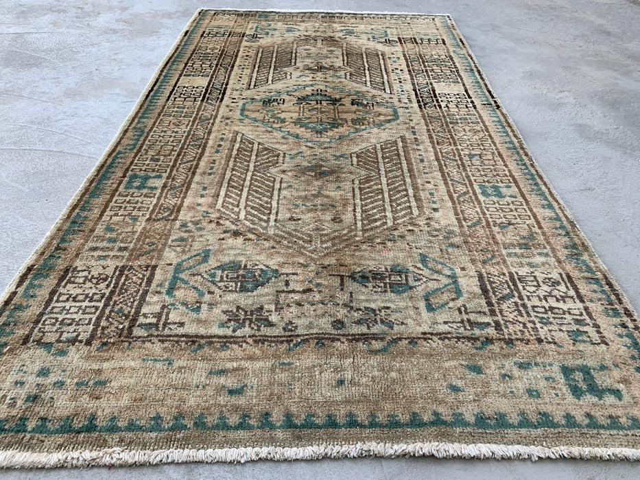 5'6 x 3'6 Hand-Knotted Persian Wool Rug - Beige Vintage Tribal Design with Soft Blue Accents - KBHM-869