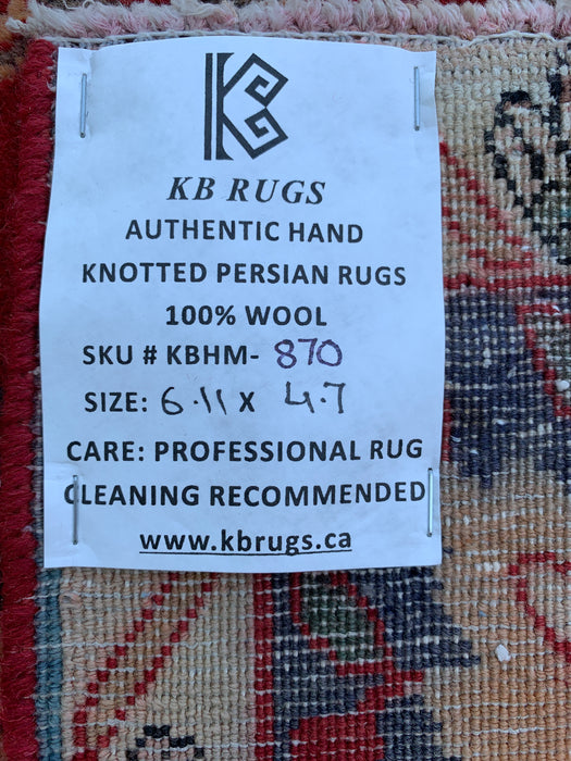 6'11 x 4'7 Hand-Knotted Persian Wool Rug - Red Floral Medallion Design with Gray Border - KBHM-870
