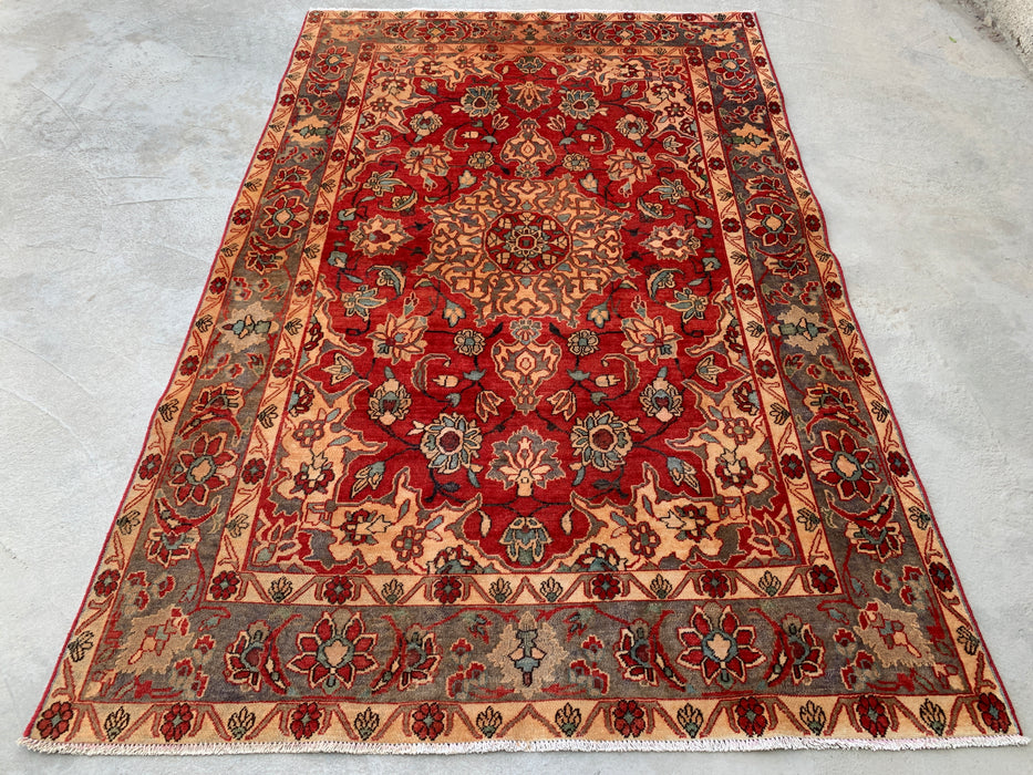 6'11 x 4'7 Hand-Knotted Persian Wool Rug - Red Floral Medallion Design with Gray Border - KBHM-870