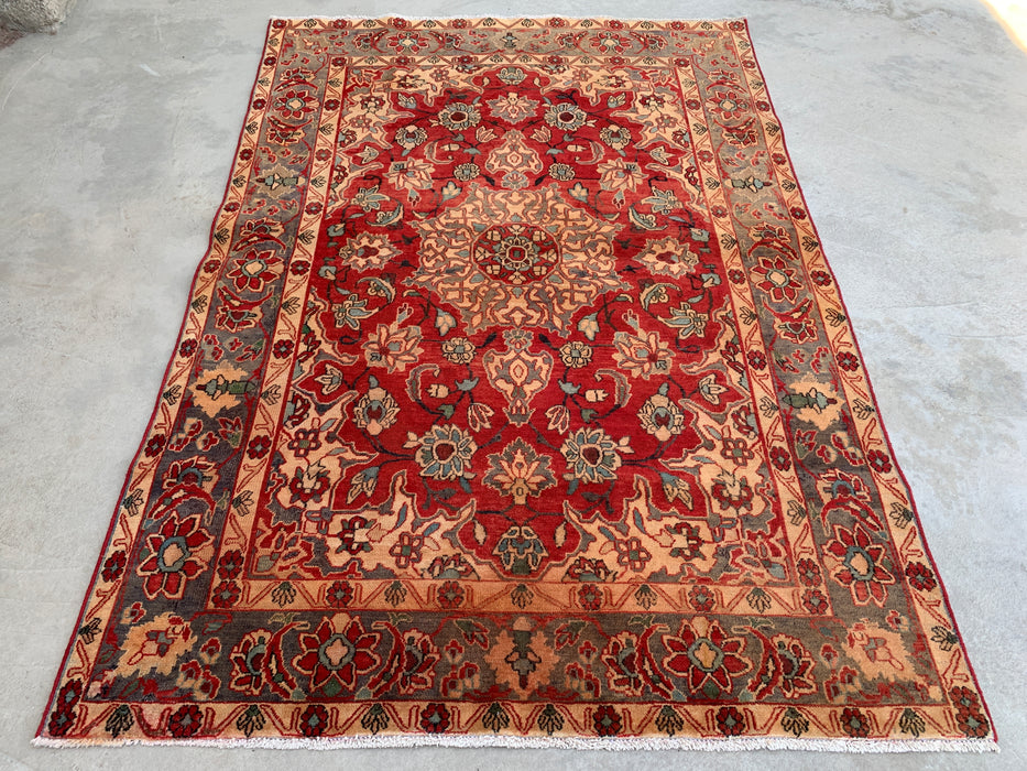 6'11 x 4'7 Hand-Knotted Persian Wool Rug - Red Floral Medallion Design with Gray Border - KBHM-870