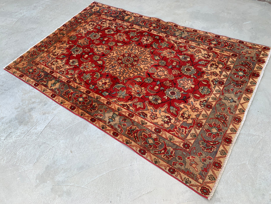 6'11 x 4'7 Hand-Knotted Persian Wool Rug - Red Floral Medallion Design with Gray Border - KBHM-870