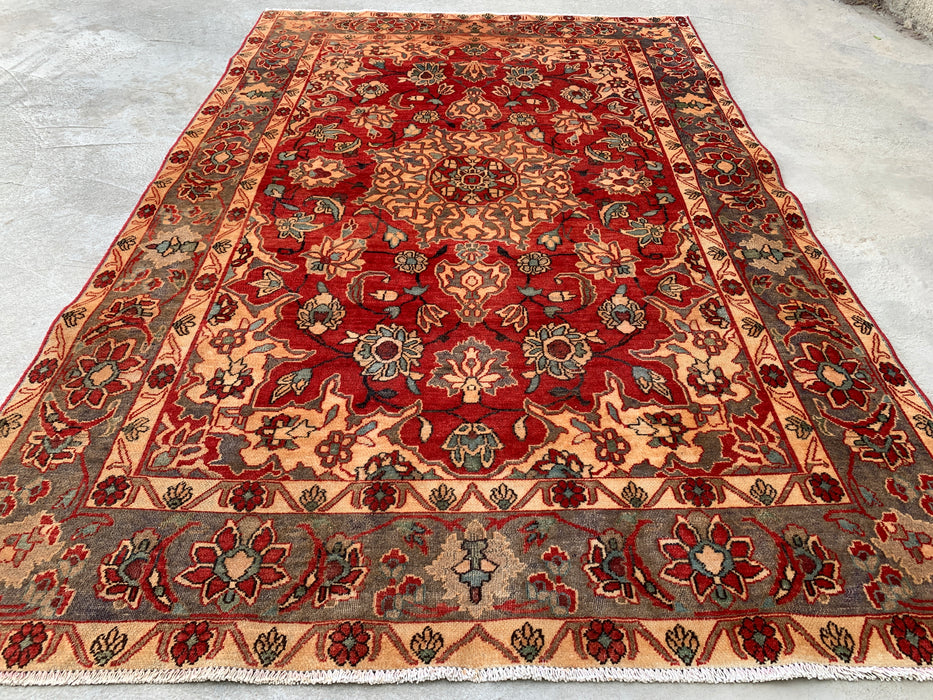 6'11 x 4'7 Hand-Knotted Persian Wool Rug - Red Floral Medallion Design with Gray Border - KBHM-870
