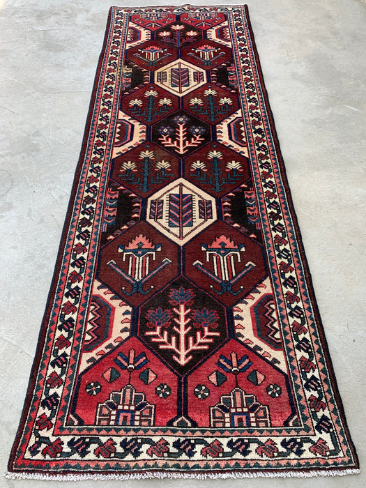 9'10 x 3'5 Hand-Knotted Persian Wool Runner - Tribal Hexagon Design in Brown, Red & Ivory - KBHM-873