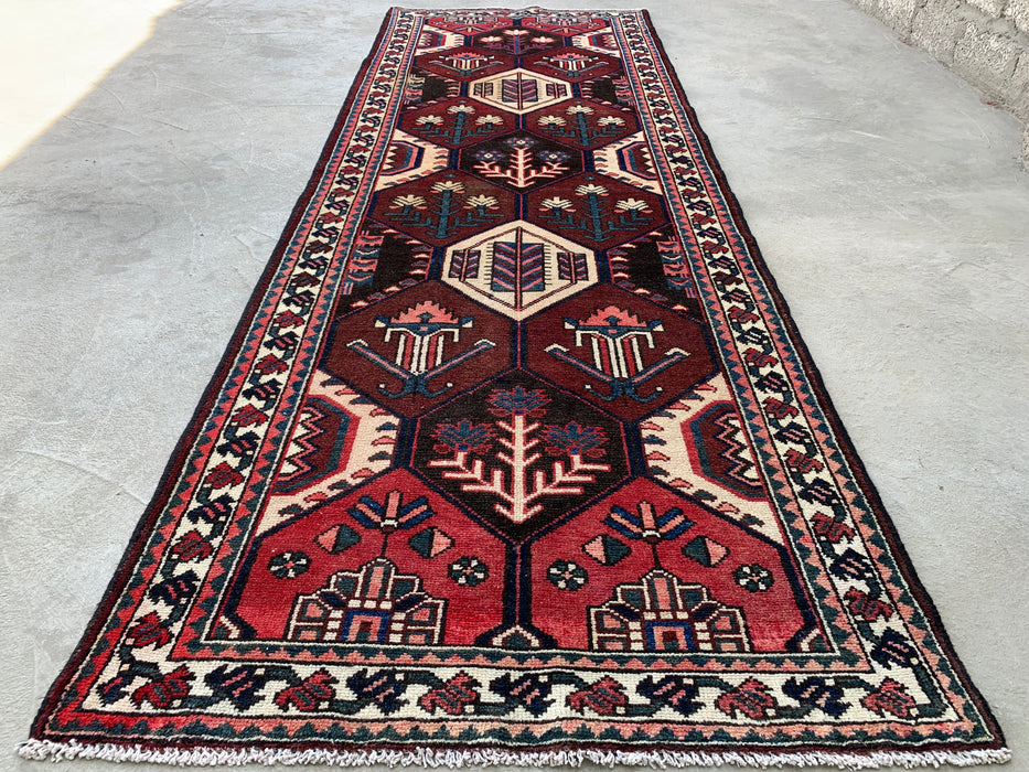 9'10 x 3'5 Hand-Knotted Persian Wool Runner - Tribal Hexagon Design in Brown, Red & Ivory - KBHM-873
