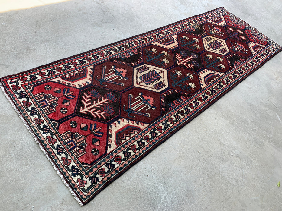 9'10 x 3'5 Hand-Knotted Persian Wool Runner - Tribal Hexagon Design in Brown, Red & Ivory - KBHM-873