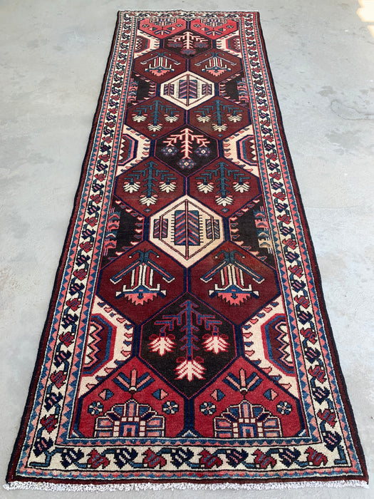 9'10 x 3'5 Hand-Knotted Persian Wool Runner - Tribal Hexagon Design in Brown, Red & Ivory - KBHM-873